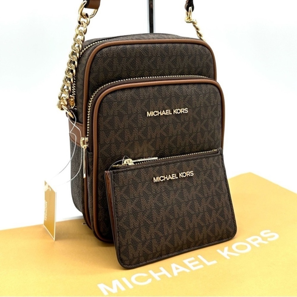 Michael Kors Medium NS Chain Xbody Bag & Small TZ Coinpouch w/D Brown/Gold - Picture 2 of 12